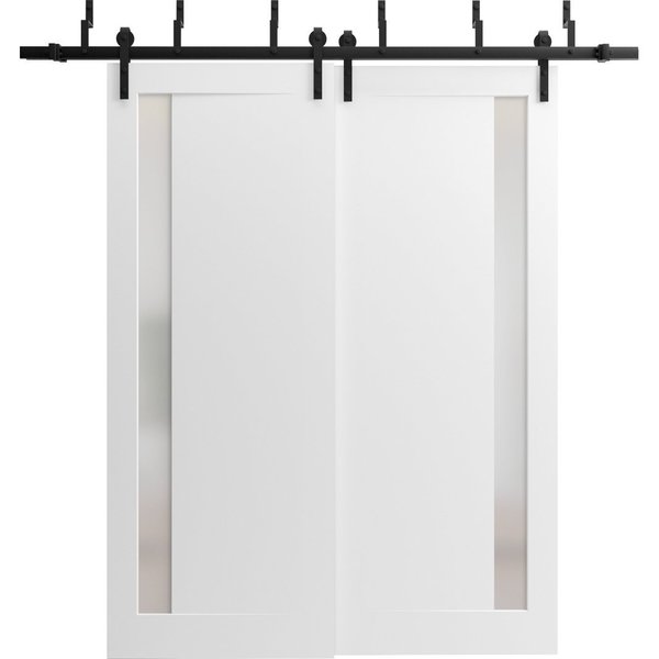 Sartodoors Sliding Closet Barn Bypass Doors 56 x 84in, Painted White W/ Frosted Glass, Sturdy 6.6ft Rails PLANUM0660BBB-BEM-5684